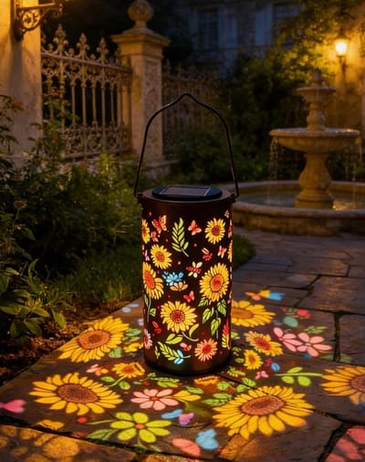 Zonnebloem Glow Solar Tuinlantaarn, 17,8 cm, metalen constructie met glinsterend effect, waterdichte tuinverlichting, robuust bloemmotief op zonne-energie, terrasaccessoire voor buiten.