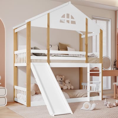 DESMIU Etagenbed 90x200cm - Hoogslaper Met Glijbaan En Trap - Speelruimte En Veiligheidsomheining - Kinderkamer Met Houten Accenten - Wit Natuurlijk - Zonder Matras