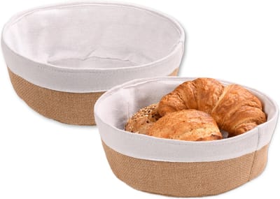 Kesper Broodmandje met stof - 2x - katoen/peva - beige - rond - D25 x H9 cm - tafel serveermandje