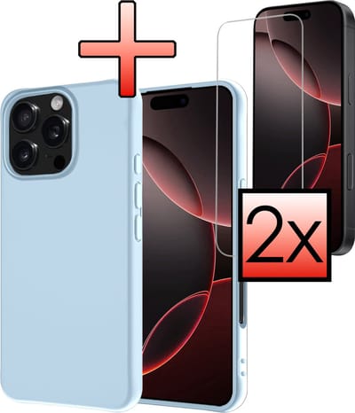 Hoesje - Met 2x Screenprotector - Geschikt voor Apple iPhone 16 Pro - Sterk & Shockproof - Back Cover - Siliconen Case - Telefoon Hoes - Lichtblauw