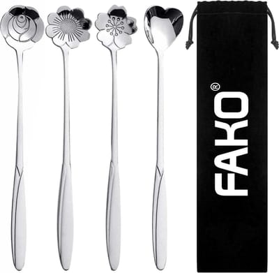 Fako Bijoux® - 4 Lange Lepels Bloem Motief - Latte Macchiato - Longdrink - Cocktail - Dessert - IJs - Koffie - Zilver - 4 Stuks - Bewaarzakje