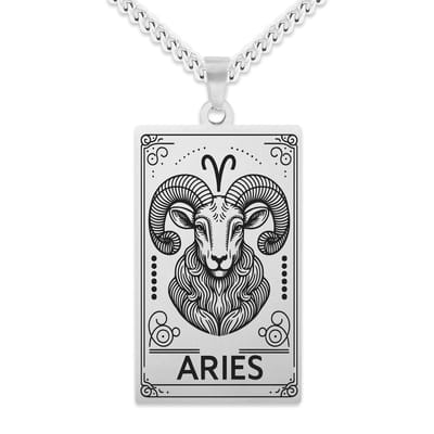 Sterrenbeeld Ram (Aries) Ketting Zilverkleurig - Zodiac in de stijl van Rider-Waite Tarot - Roestvrij Staal / Stainless Steel - 60cm - Pax Amare