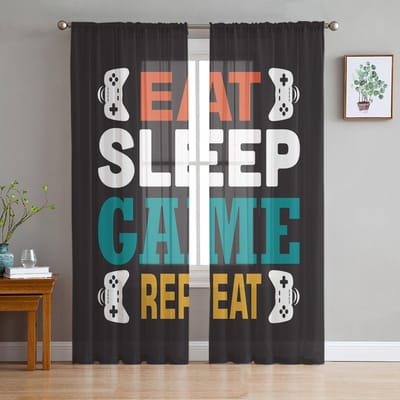 Gameconsole Letters Geometrie Tule Gordijnen Voor Woonkamer Transparant Gordijn Slaapkamer Voile Decoratieve Raambekleding 135W x 114H(cm) white