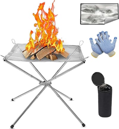Opvouwbare vuurkorf met draagtas en handschoenen voor camping en picknickvuur - Roestvrijstalen vuurplaats voor terras en achtertuin met draagbaar ontwerp