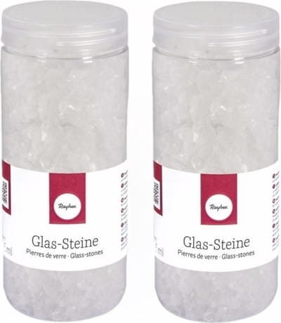 2x potje rayher decoratie steentjes - glas - transparant - 475 ml - bloempotten/vazen deco kleine stenen 4-10 mm