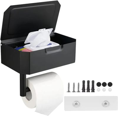 Toiletpapierhouder met houder voor vochtige doekjes – Wandmontage – Roestvrij staal – Zwart mat