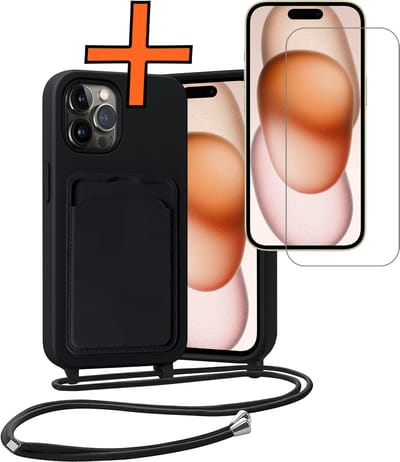 Hoesje Geschikt voor iPhone 14 Pro Max Hoesje Met Telefoonketting Pasjeshouder Case Met Screenprotector Koord - Hoesje Geschikt voor iPhone 14 Pro Max Hoes Met Kaarthouder - Zwart