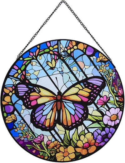 Kleurrijke glazen hangdecoratie met vlinder- en bloemenmotief, zonvanger voor raam, unieke wanddecoratie en origineel cadeau voor verjaardagen