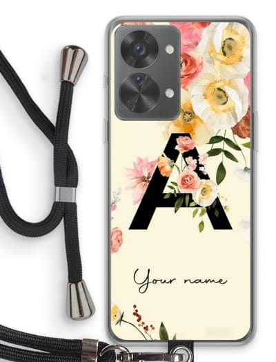 Gepersonaliseerd - Case Company® - Hoesje met koord geschikt voor OnePlus Nord 2T hoesje met Koord - Flirty Flowers Monogram - Telefoonhoesje met Zwart Koord - Bescherming aan alle Kanten en Over de Schermrand