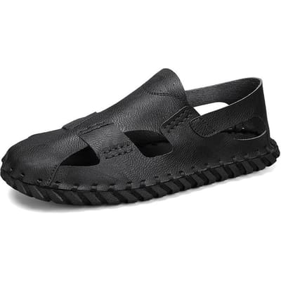 Heren Sandalen Nieuwe Zomer Antislip Slijtvast Strand Leren Sandalen Buiten Buiten Casual Rijslippers 46 zwart