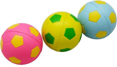 Mixballen Soft Foam – Voetbalprint – Blauw/Roze/Geel – 6,3 cm – Set van 3 in Net – Zachte Schuim Ballen – Mini Speelballen – Kindvriendelijk Speelgoed – Engelhart