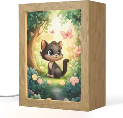 Nachtlampje 15x20 cm - Kinder lampje - Kat - Zwart - Bos - Vlinders - Tafellamp kinderkamer - Slaapkamer lamp - Bedlamp kinderen - Kinderlampje stopcontact - Wandlamp babykamer - Nachtlampjes