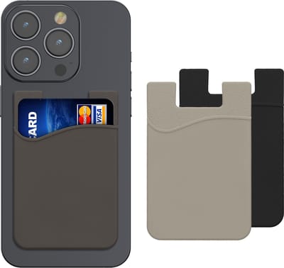 kwmobile Stick-On Card Holder for Phone (Set of 3) - Silicone Wallet Card Holders - Sticks on to Cell Phone Back or Case - Black / Grey / Light Grey