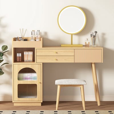 DESMIU Make-uptafel - Met Ledspiegel En Driekleurige Verlichting - Voor Slaapkamer En Make-upruimte - Spaanplaat - Naturel - 120x40x90 Cm