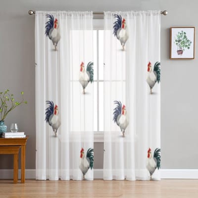 Schattige hanenpatroon doorschijnende gordijnen voor woonkamerraam Transparante voile tule gordijn Slaapkamer gordijnen Woondecoratie 135W x 114H(cm) white