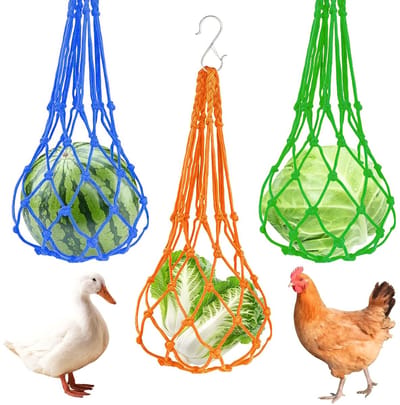 3-delige Voedingsnet voor Kippen, Groente Hangzak met Haken voor Kippen, Eenden en Ganzen, Ideaal voor Kippenhok en Vogelkooien, Stimuleert Natuurlijke Pick Activiteit met Groenten en Fruit