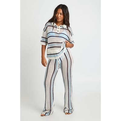boohoo Dames Gestreepte Gehaakte Knoopblouse En Wijde Broek Set | Blauw | Maat: Small