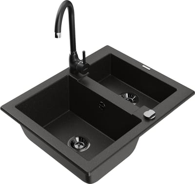 Mexen Carlos granieten spoelbak 1,5-komorige met keukenkraan Telma, zwart/goud metallic - 6518-75-670200-70-B
