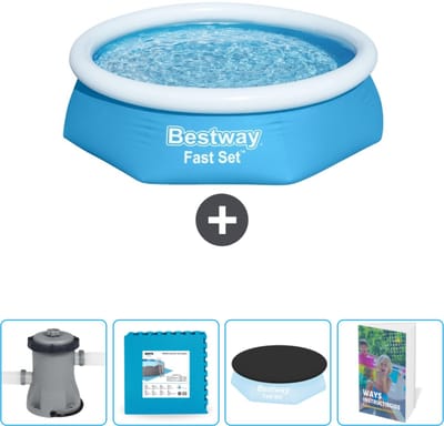 Bestway Rond Opblaasbaar Fast Set Zwembad - 244 x 61 cm - Blauw - Inclusief Pomp Vloertegels - Afdekzeil - Zwembadgids