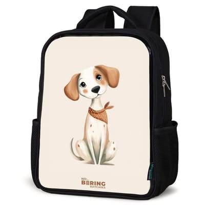 NoBoringSuitcases.com® - Rugzak zwart - Schooltas jongen & meisje - Bruin gevlekte pup op een beige achtergrond - Rugtas voor school - Boekentas kind - Schoolrugzak - Kinderrugzak