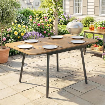 Pugsdrly Tuintafel 140 x 80 cm voor 6 personen, roestbestendig, eettafel voor buiten met WPC-tafelblad, verstelbare poten, teak