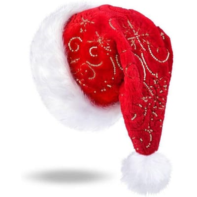 Winter Pluche Kerstmuts Met Gouden Pailletten, Feestoutfit, Geborduurde Muts, Kerstversiering One Size rood
