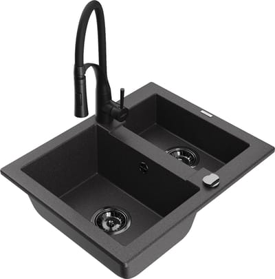 Mexen Carlos granieten gootsteen 1,5-kamer met keukenmengkraan Aster, zwart gespikkeld - 6518-76-73450-70-B
