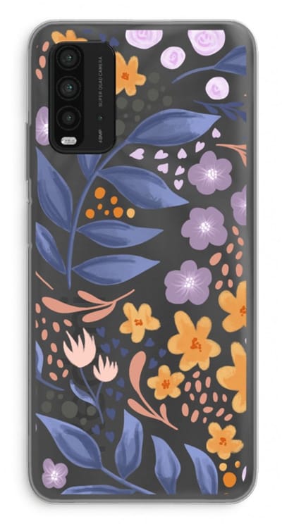 Case Company® - Hoesje geschikt voor Xiaomi Redmi 9T hoesje - Flowers with blue leaves - Soft Cover Telefoonhoesje - Bescherming aan alle Kanten en Schermrand