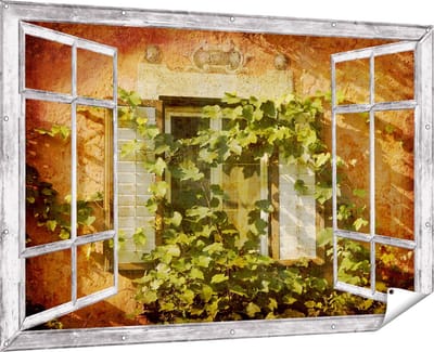 Gards Tuinposter Doorkijk Raam met Luiken - 180x120 cm - Tuindoek - Tuindecoratie - Wanddecoratie buiten - Tuinschilderij