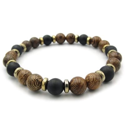 Herenarmband - houten kralen - zwarte natuursteen - goudkleurige hematiet - 19 cm
