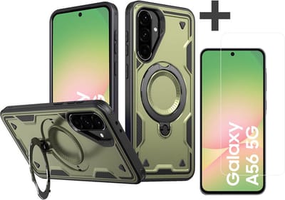 Hoesje Geschikt voor Samsung Galaxy A56 met gehard glas Screenprotector - Armor hoes met Ringhouder - Arara backcover - Groen
