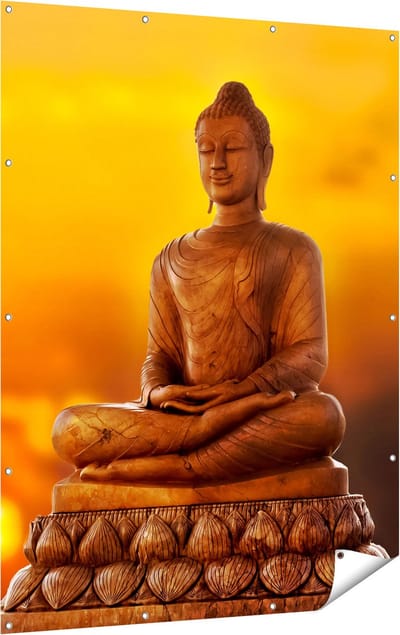Gards Tuinposter Boeddha Standbeeld bij Zonsondergang - 120x160 cm - Tuindoek - Tuindecoratie - Wanddecoratie buiten - Tuinschilderij
