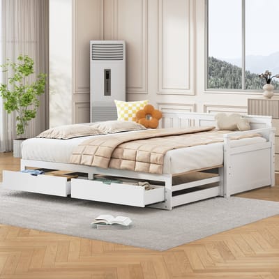MEUNIQ Bedbank 90/180x190 cm met uitschuifbed en lades, wit houten bedframe met lattenbodem, eenpersoons naar tweepersoons slaapplaats voor slaapkamer of logeerkamer