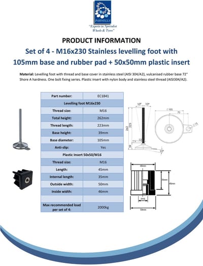 Roestvrijstalen voet M16x230, voetplaat 105 mm, onderlegplaatje en bevestigingsgaten + inzetstukken 50x50x2 mm – Set van 4