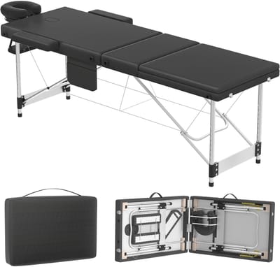 ACXIN Massagetafel – Opvouwbare Aluminium 3-Zone Massagebed – 230Kg Draagkracht – 8,5cm Schuim – Draagtas – Hoofdsteun – Armsteunen – Zwart