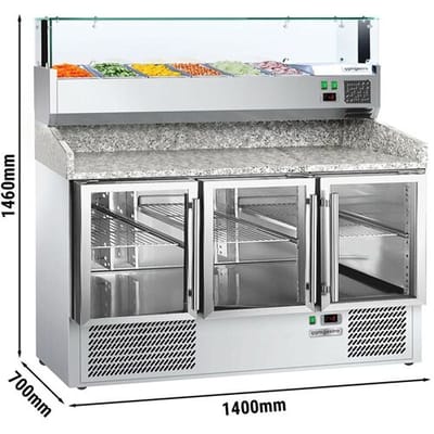 GGM Gastro Pizzakühltisch PREMIUM - 1400x700mm - 3 Glastüren - inkl. Kühlaufsatzvitrine - 6x GN 1/4
