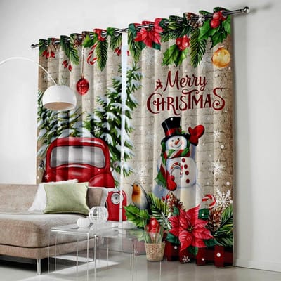 Cartoon Gelukkig Nieuwjaar Kerst Rode Sneeuwpop Gordijnen Voor Kinderen Slaapkamer Woonkamer Badkamer Kicthen Deur Hal Home Decor W50 X H130(CM)X2&Grommet Top