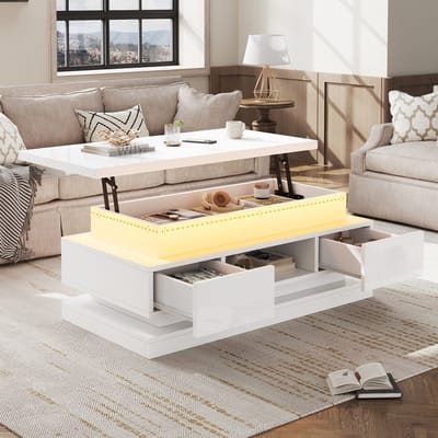 REDOM Salontafel 100x50x40 cm van spaanplaat, hoogglans wit met 2 lades