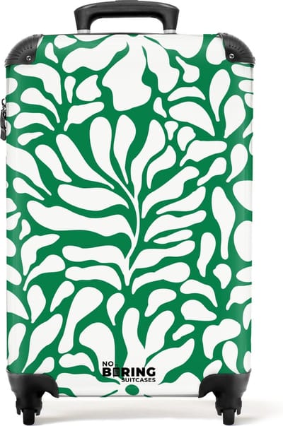 NoBoringSuitcases.com® - Handbagage koffer lichtgewicht - Reiskoffer trolley - Groen met witte bloemenprint - Rolkoffer met wieltjes - Past binnen 55x40x20 en 55x35x25