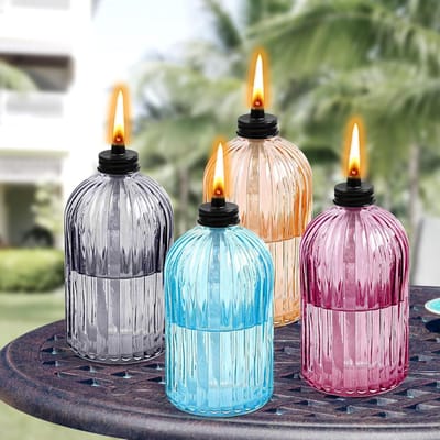 Glazen Tafellampen - Buiten Fakkels - Sfeerverlichting Tuin - Duurzame Glasfiber Pit - 4 Stuks 350ml - Zwart