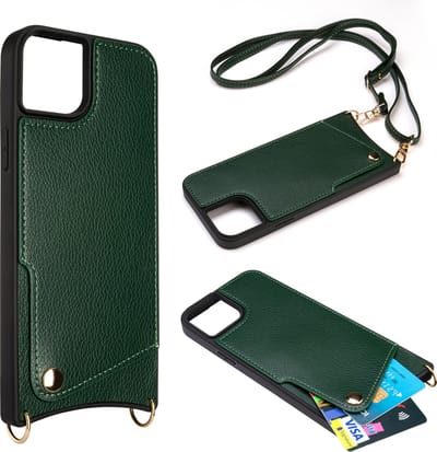 Casemania Hoesje Geschikt voor Apple iPhone 15 Plus - Back Cover met Draagkoord - Pasjeshouder Hoes met Bandje - Crossbody Telefoonhoesje - Lanyard Case - Groen