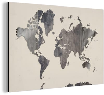 Aluminium schilderij 180x120 cm - Wanddecoratie metaal - Wereldkaart - Hout - Grijs - Metalen muurdecoratie woonkamer - Decoratie industrieel - Foto op dibond - Industriële accessoires slaapkamer