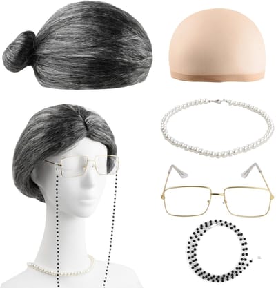 Old Lady Cosplay Set - 5-delige grootmoeder kostuumaccessoires - inclusief grijze pruik, ketting, bril - SnelShoppen