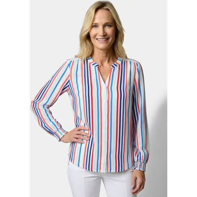 Gestreepte blouse met gesmokt boordje - blauw / koraalrood / wit / gestr. - Gr. 19 van Goldner Fashion