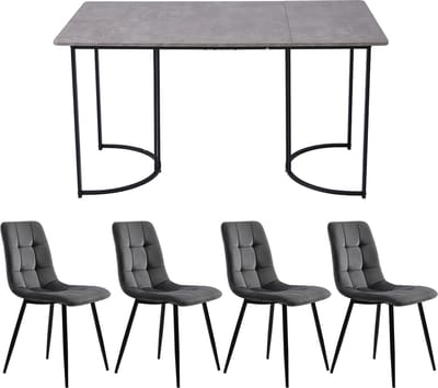 Sweiko Eettafel set (5-delige set), Eettafel set met 4-stoelen, Moderne keuken eettafel set, 140 x 80cm keuken eettafel met zwart metalen poten, grijs MDF tafelblad, donkergrijs fluweel eetkamerstoelen