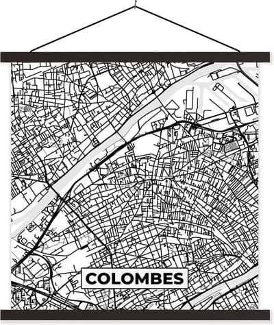 Posterhanger incl. Poster 60x60 cm - Schoolplaat - Frankrijk - Kaart - Plattegrond - Colombes - Stadskaart - Zwart wit - Textielposter - Zwarte latten - Stadskaart