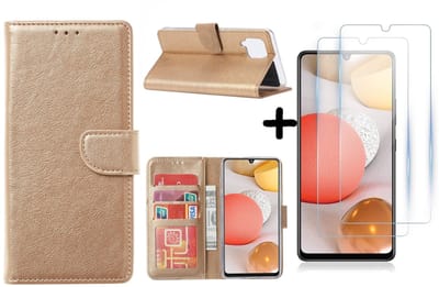 Hoesje Geschikt Voor Samsung Galaxy A42 5G hoesje bookcase Goud - Galaxy A42 wallet case portemonnee - A42 book case hoes cover - 2X screenprotector / tempered glass