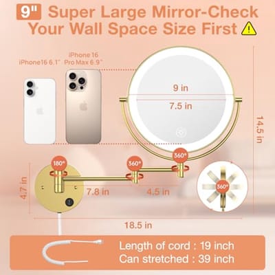 9 Inch Wandgemonteerde Verlichte Make-up Spiegel met 1X/10X Vergroting en Dimbare Lichten