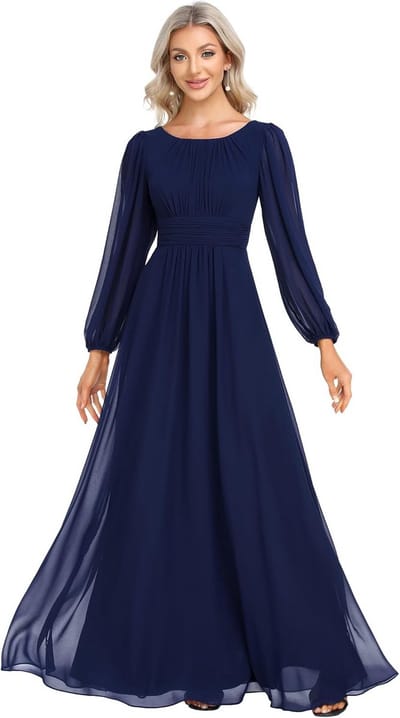 Elegante Lange Chiffon Jurk met Ronde Hals en Lantaarnmouwen