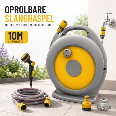 Tuinslanghaspel / Slanghaspel / Slangwagen – 10m Volledig Omsloten – Met 10m Vorstbestendige Slang, 2m Aansluitslang, 4 Snelkoppelingen & Sproeikop – Compact, Knoopvrij & Duurzaam – Voor Tuin, Terras, Auto & Caravan
